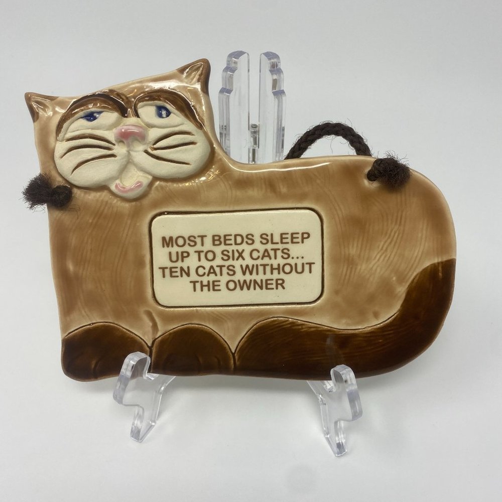 Ceramic Smokey Mountain Pottery Home Decor Cat Sign "Most Beds Sleep Up to Six C